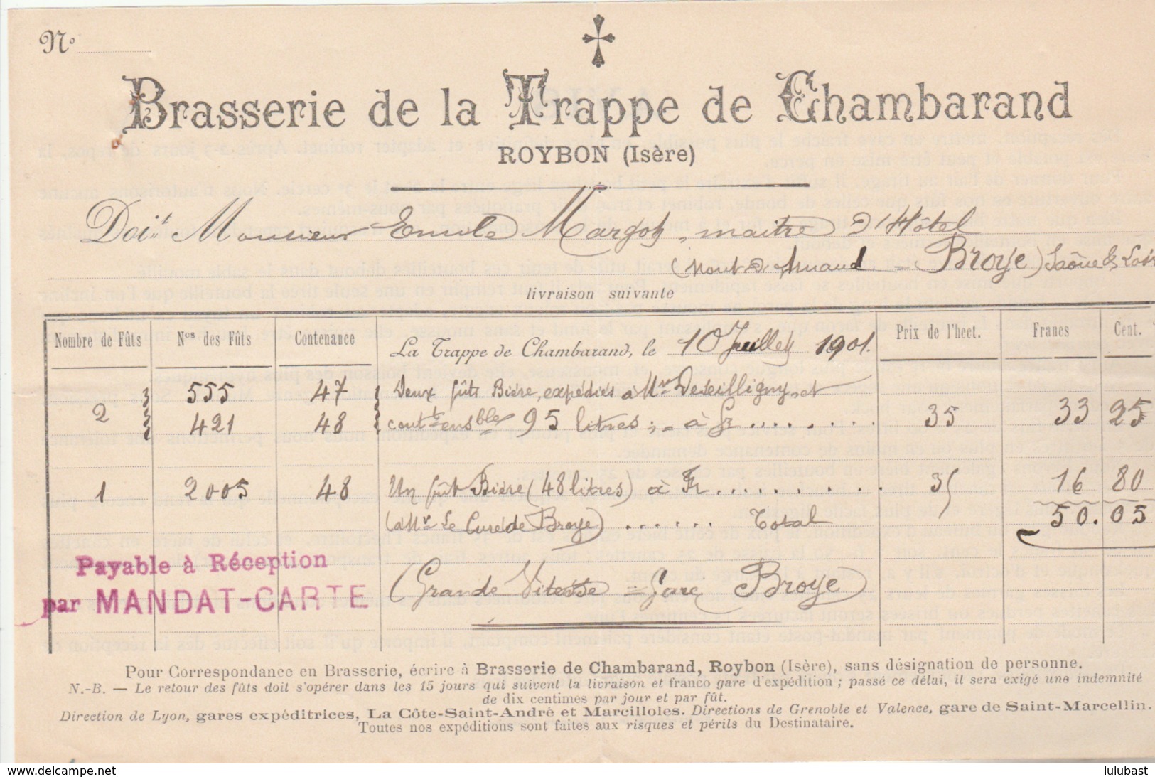 ROYBON (Isère) : Facture De La Brasserie De La Trappe De Chambarand Pour Le Maître D'Hôtel Et Le Curé De Broye (Saône Et - 1900 – 1949