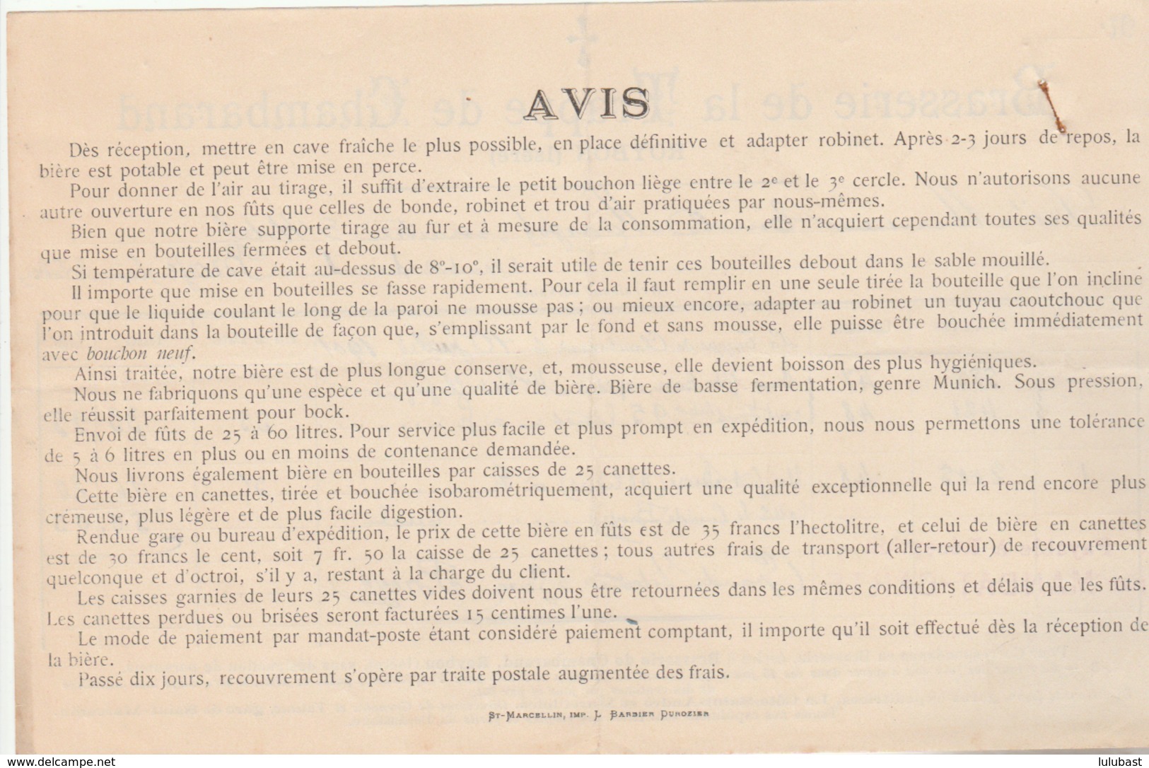 ROYBON (Isère) : Facture De La Brasserie De La Trappe De Chambarand Pour Le Maître D'Hôtel Et Le Curé De Broye (Saône Et - 1900 – 1949