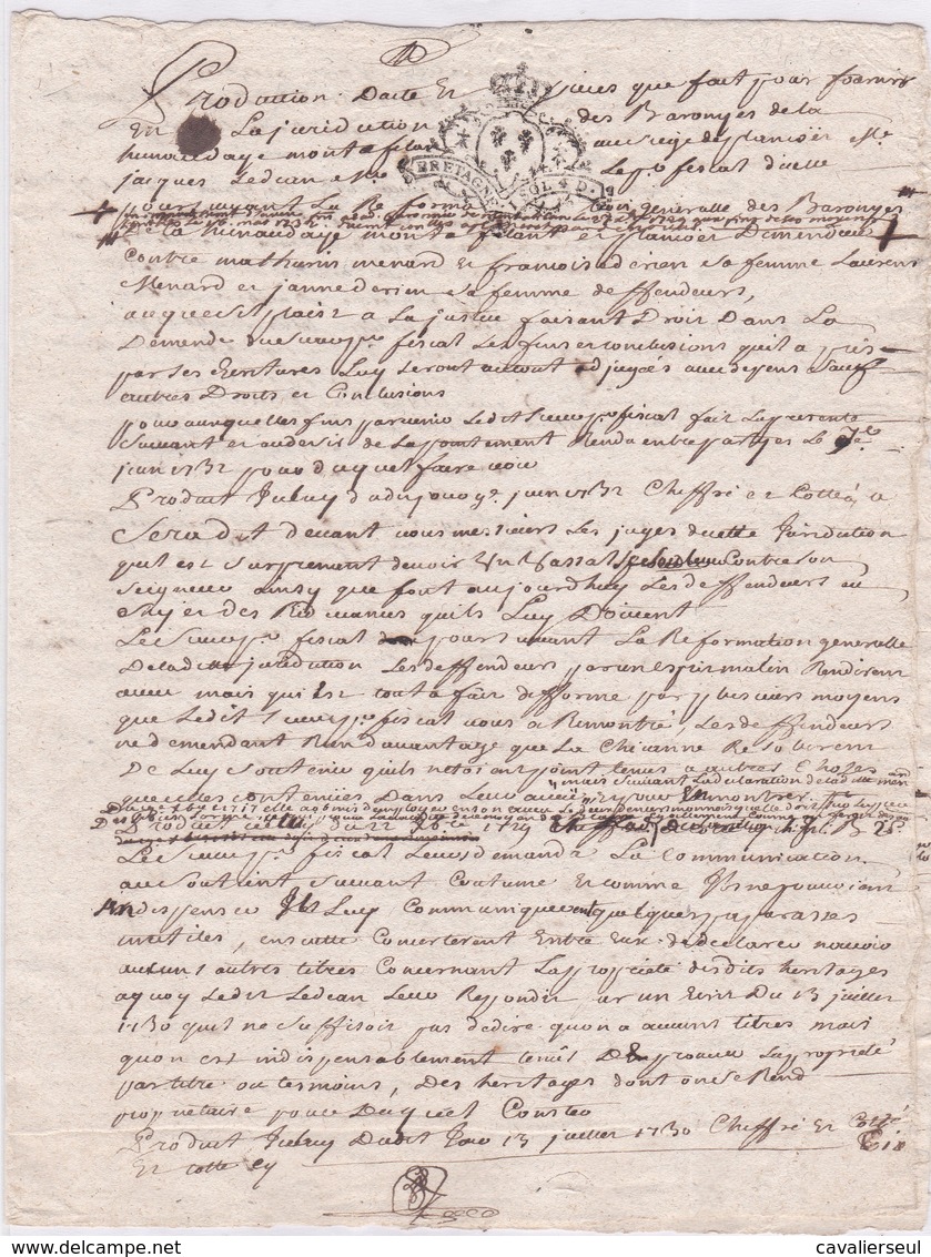 GENERALITE De BRETAGNE UN SOL 4D./ 13 JANVIER 1730 / BARONNIES De La HUNAUDAYE -  VAL ANDRE - Gebührenstempel, Impoststempel