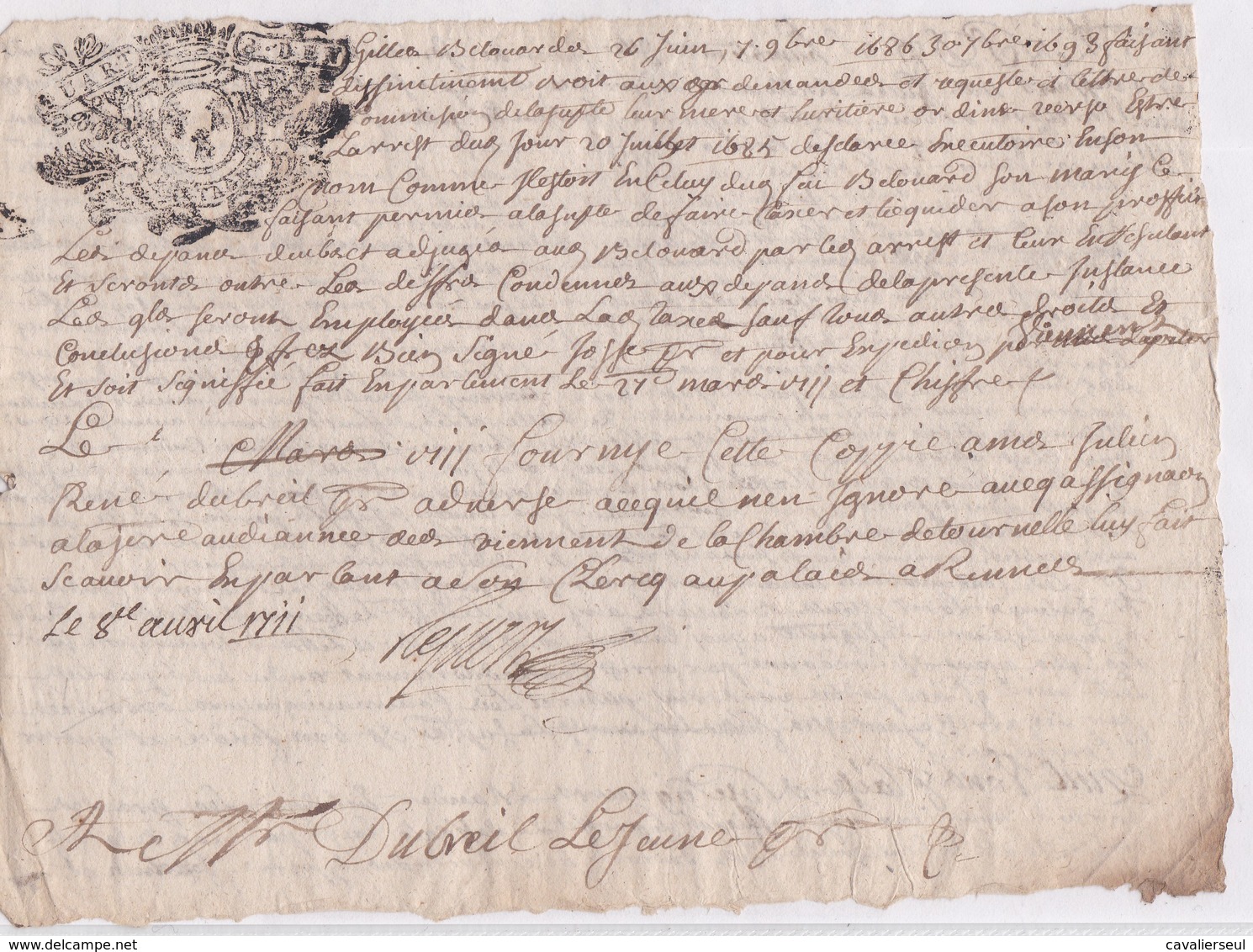 GENERALITE De BRETAGNE  LA CHAMBRE DE TOURNELLE à RENNES 16 SEPT 1686 - 1/2 Feuille - Cachets Généralité