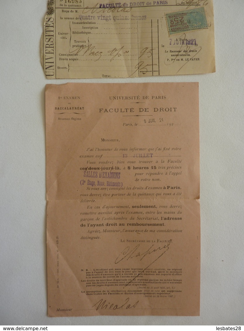 FACULTE DE DROIT Université De Droit  Timbre QUITTANCES -CONVOCATION 1921 Autographe Examen Baccalauréat Clas 4 - Autres & Non Classés