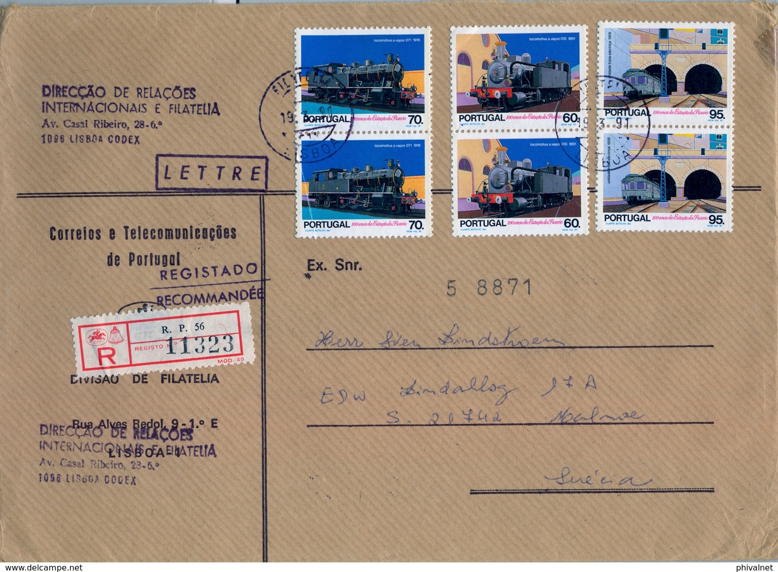 1991 , PORTUGAL , CERTIFICADO LISBOA - MALMÖE , DIRECÇAO DE RELAÇOES INTERNACIONAIS E FILATELIA , TRENES , FERROCARRIL - Brieven En Documenten