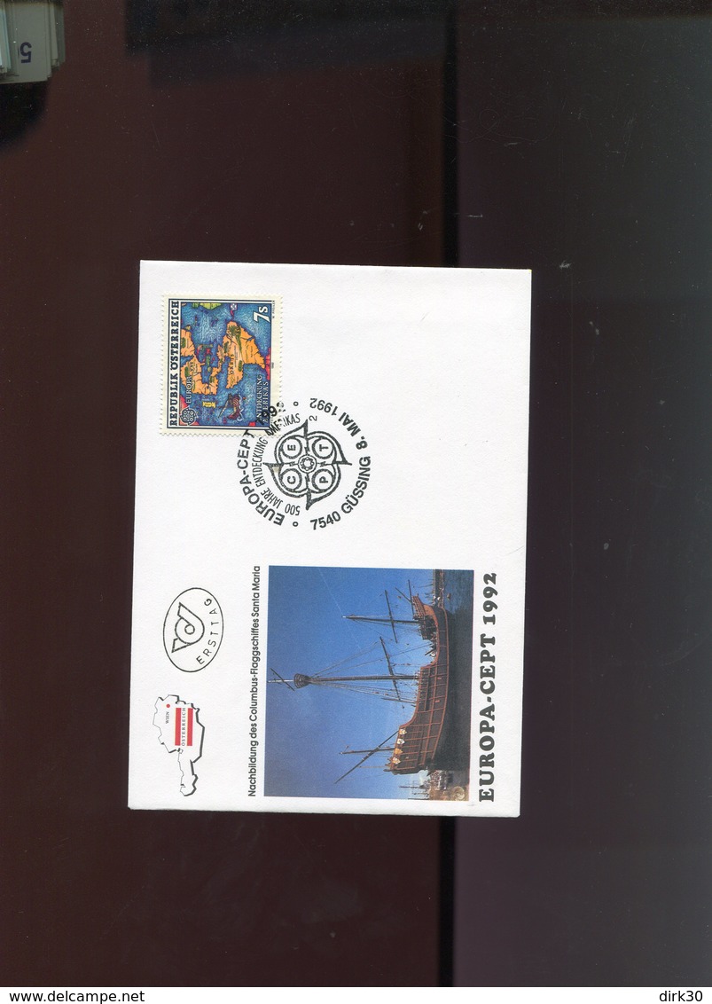 1992 Europa CEPT AUSTRIA FDC Christoffer Columbus USA Discovery Sailing Ship Map Globe - 1992