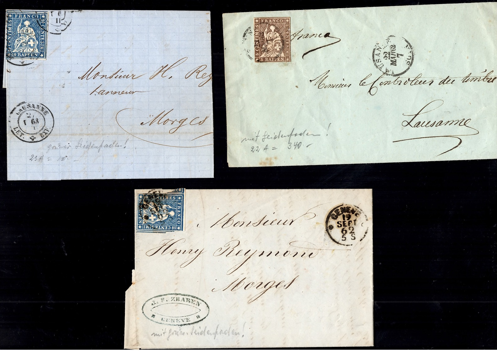 Suisse Six Lettres Entières Affranchies Avec Helvetia Non-dentelés 1855/1862. Beau Lot! A Saisir! - Lettres & Documents