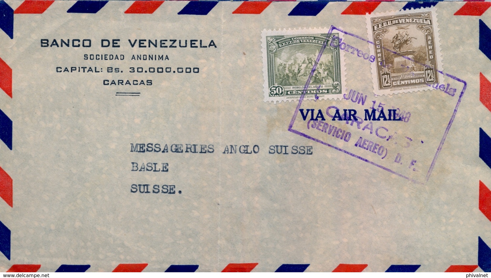1948 VENEZUELA , SOBRE CIRCULADO , CORREO AÉREO , CARACAS - BASILEA , BANCO DE VENEZUELA - Venezuela