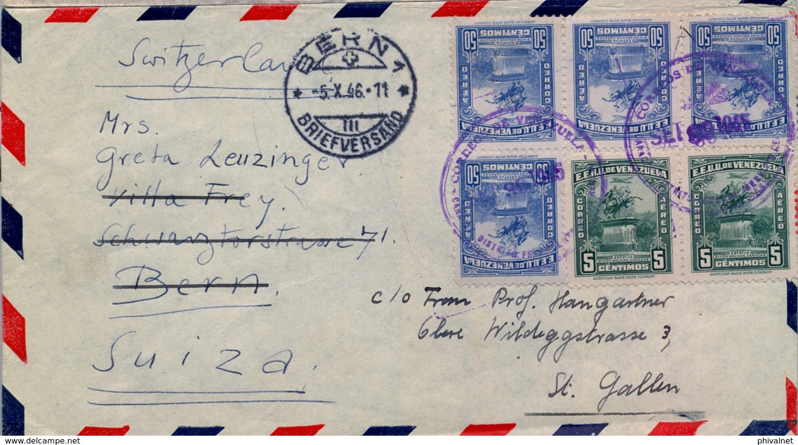 1946 VENEZUELA , SOBRE CIRCULADO , CORREO AÉREO , CARACAS - BERNA , REDIRIGIDO A ST. GALLEN. - Venezuela