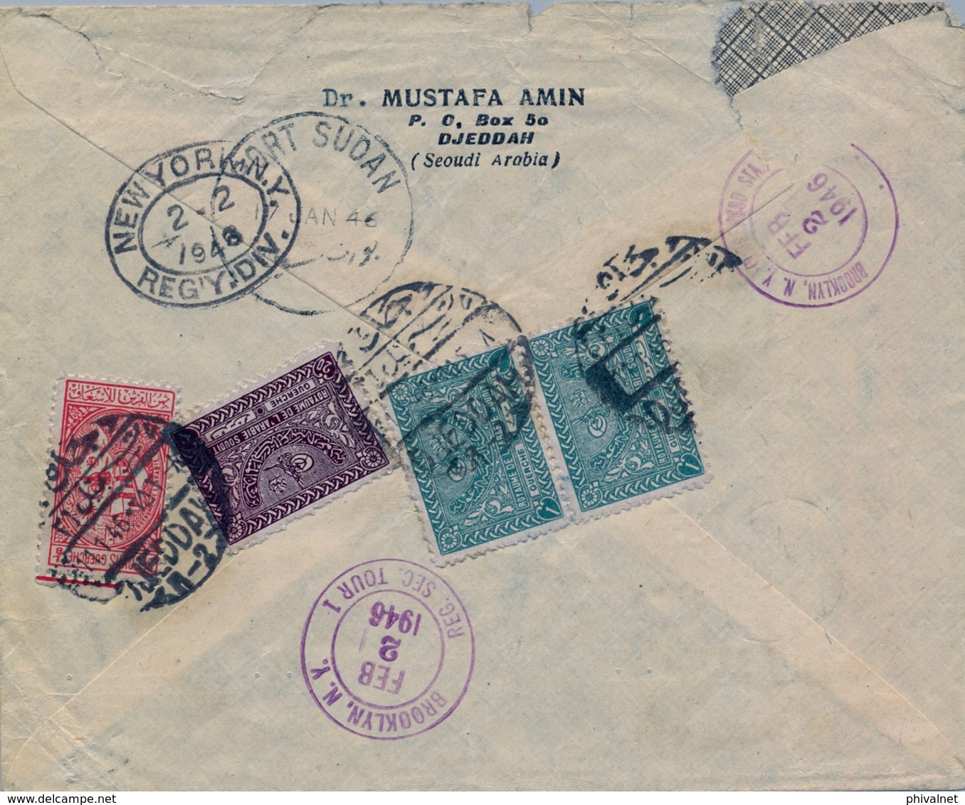 1946 , ARABIA SAUDITA , SOBRE CERTIFICADO ENTRE JEDDAH Y BROOKLYN , LLEGADA , CORREO AÉREO - Arabia Saudita
