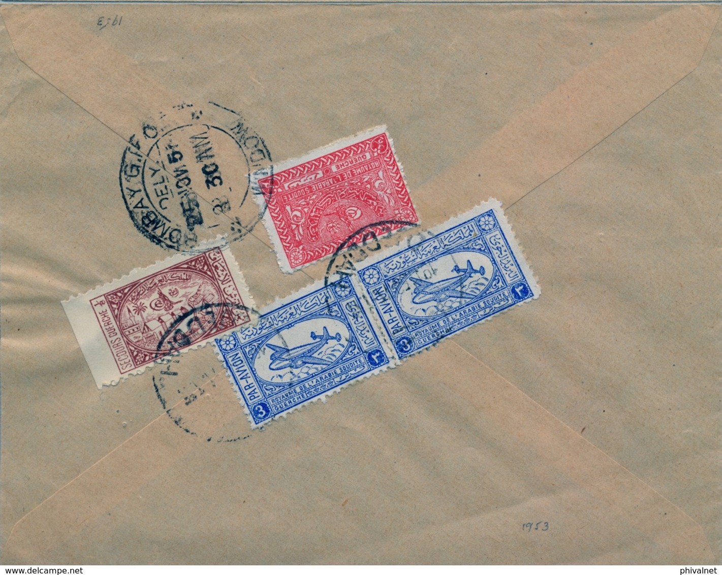 1953 , ARABIA SAUDITA , SOBRE CIRCULADO ENTRE JEDDAH Y BOMBAY , LLEGADA , CORREO AÉREO - Arabia Saudita