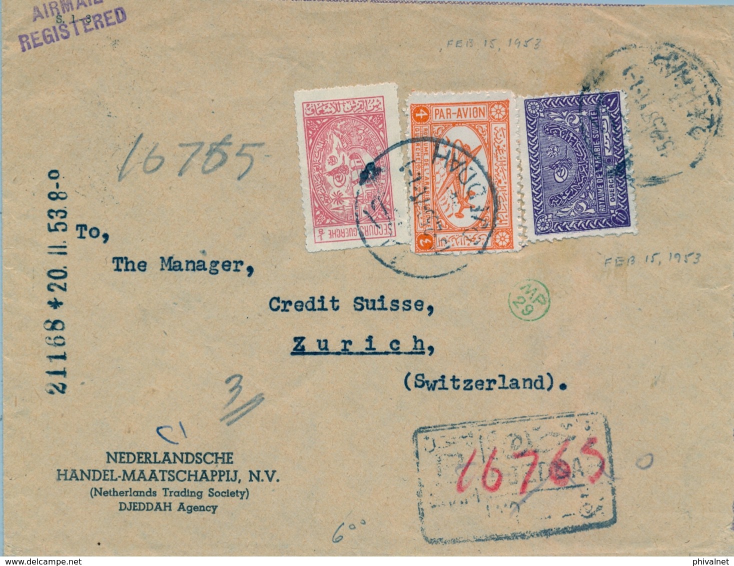 1953 , ARABIA SAUDITA , SOBRE CERTIFICADO ENTRE JEDDAH Y ZÜRICH , LLEGADA , CORREO AÉREO - Arabia Saudita