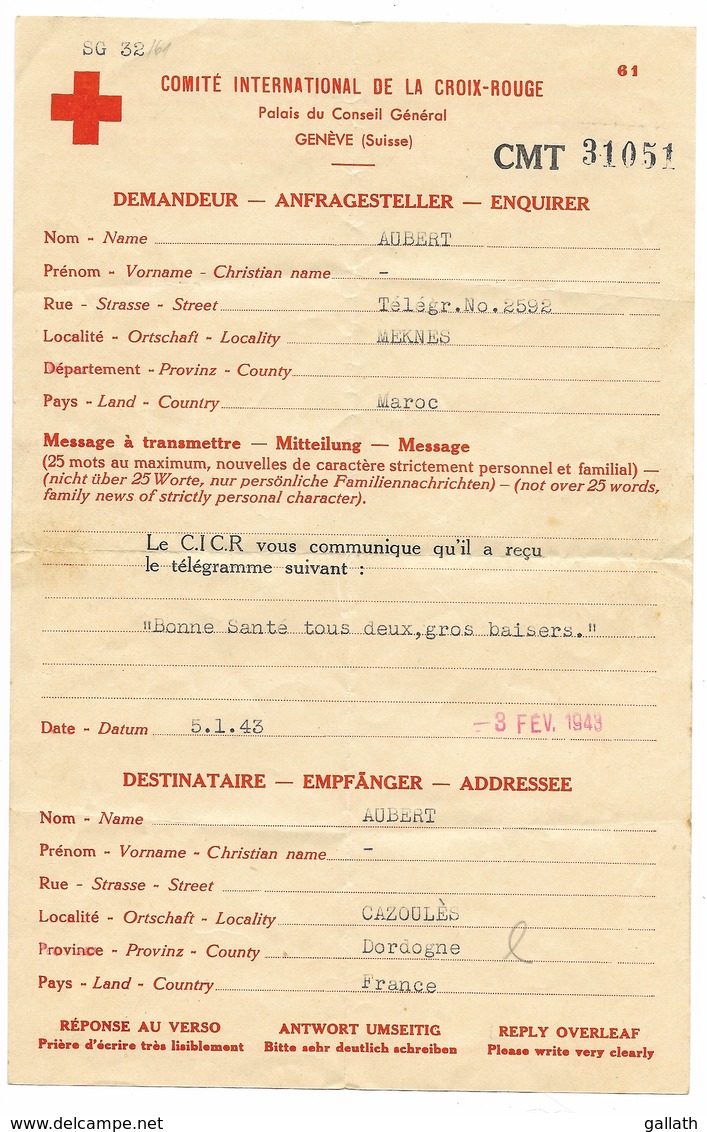 8 Documents Croix-Rouge 1943/1944 - AOF DAKAR, MAROC... - Croix Rouge