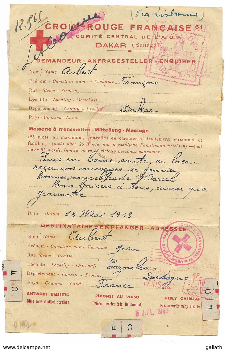 8 Documents Croix-Rouge 1943/1944 - AOF DAKAR, MAROC... - Croix Rouge