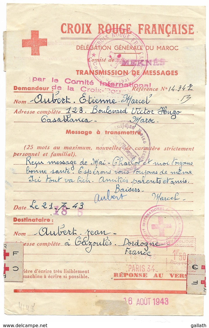 8 Documents Croix-Rouge 1943/1944 - AOF DAKAR, MAROC... - Croix Rouge