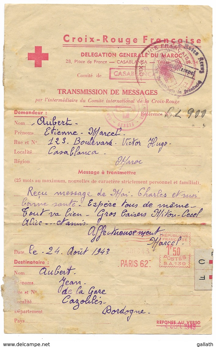 8 Documents Croix-Rouge 1943/1944 - AOF DAKAR, MAROC...