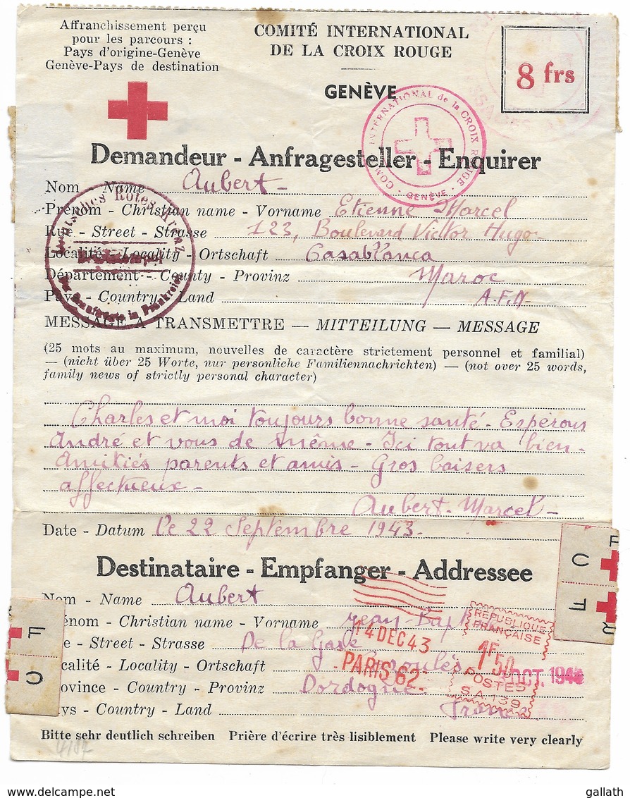 8 Documents Croix-Rouge 1943/1944 - AOF DAKAR, MAROC...