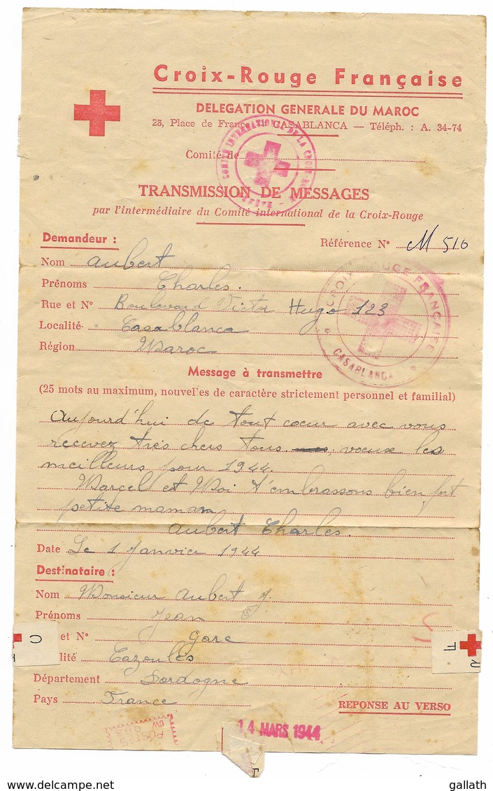 8 Documents Croix-Rouge 1943/1944 - AOF DAKAR, MAROC...