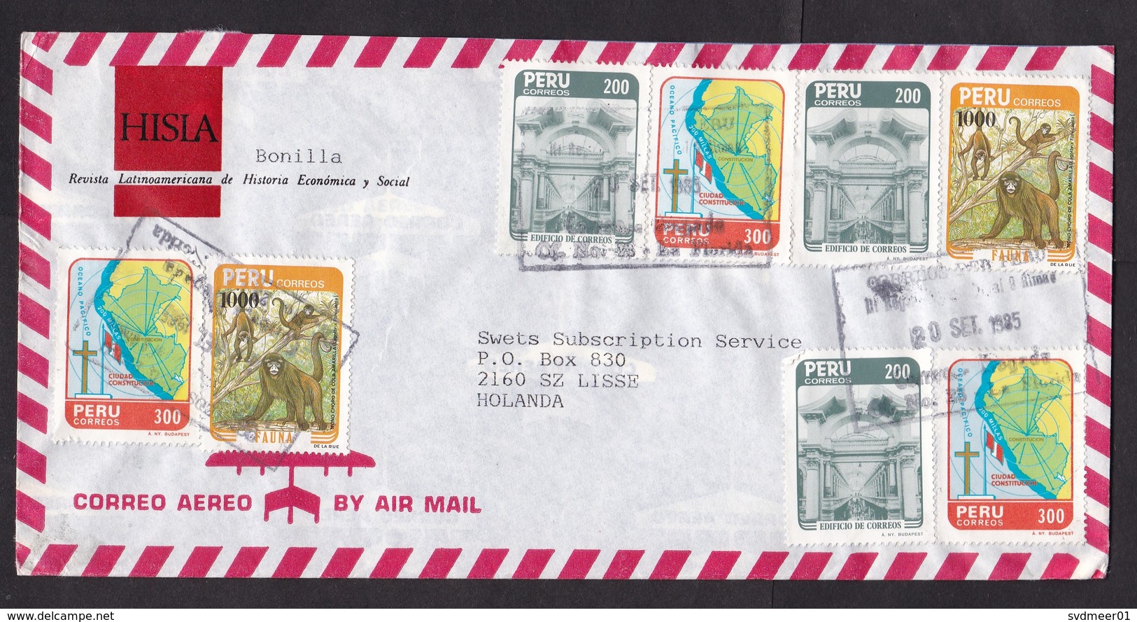 Peru: Airmail Cover To Netherlands, 1985, 8 Stamps, Monkey, Animal, Map, Flag, Architecture (traces Of Use) - Peru