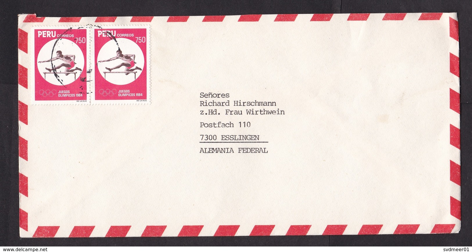 Peru: Airmail Cover To Germany, 2 Stamps, Olympics 1984, Athletics, Sports, From BMW Comp, Rare Real Use (traces Of Use) - Perù