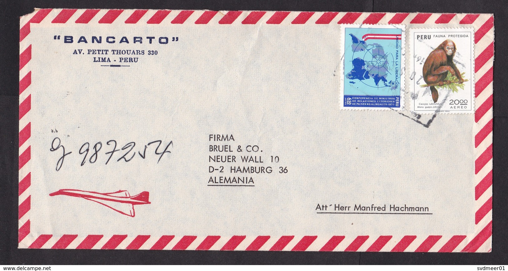 Peru: Airmail Cover To Germany, 2 Stamps, Monkey, Animal, Map, Non-aligned Countries NAM, Rare Real Use (traces Of Use) - Peru