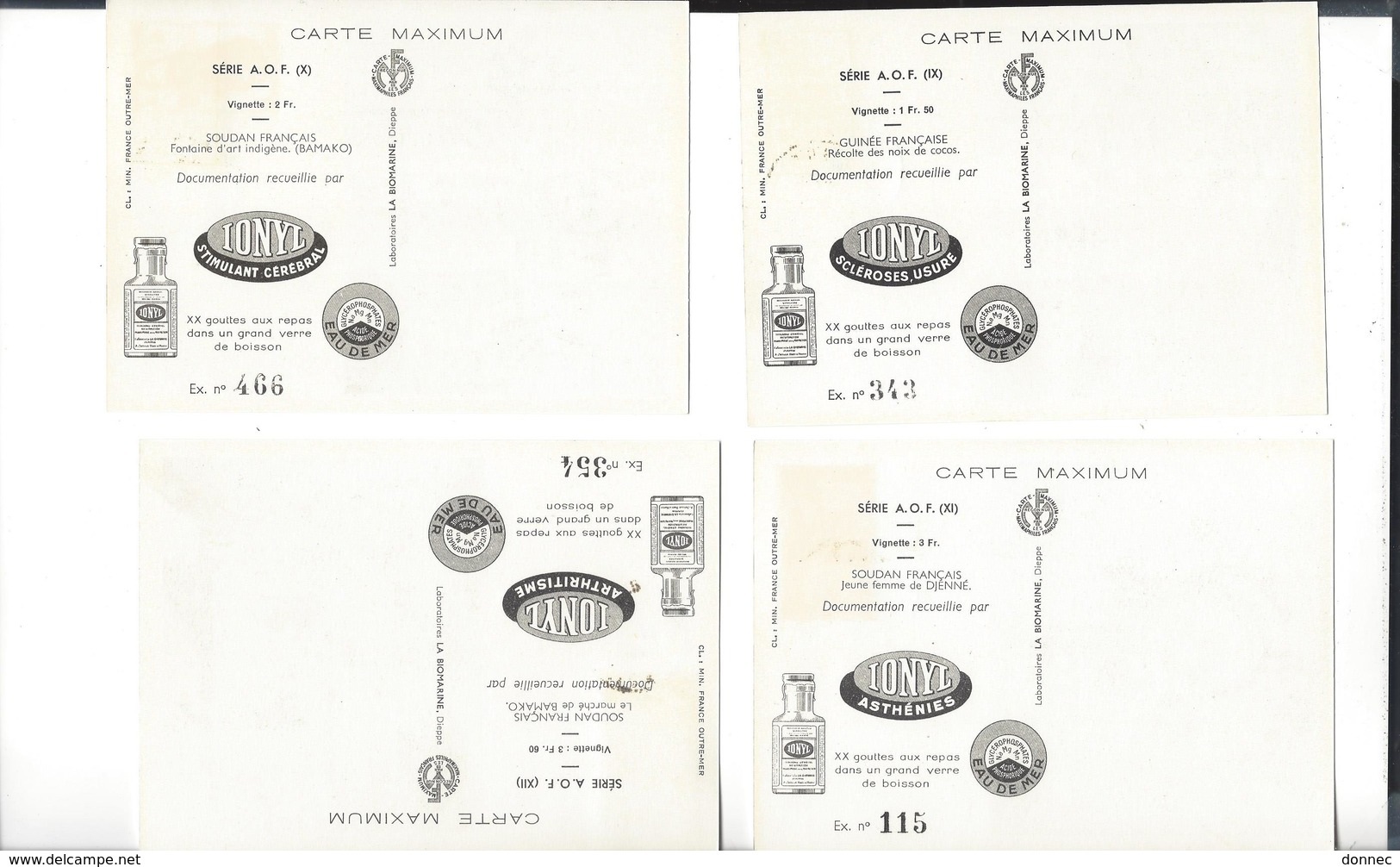 A. O. F.  Carte Maximum Série complète de 15 cartes Publicité Ionyl ( Soudan Mauritanie Niger Dahomey Cote d'Ivoire ...