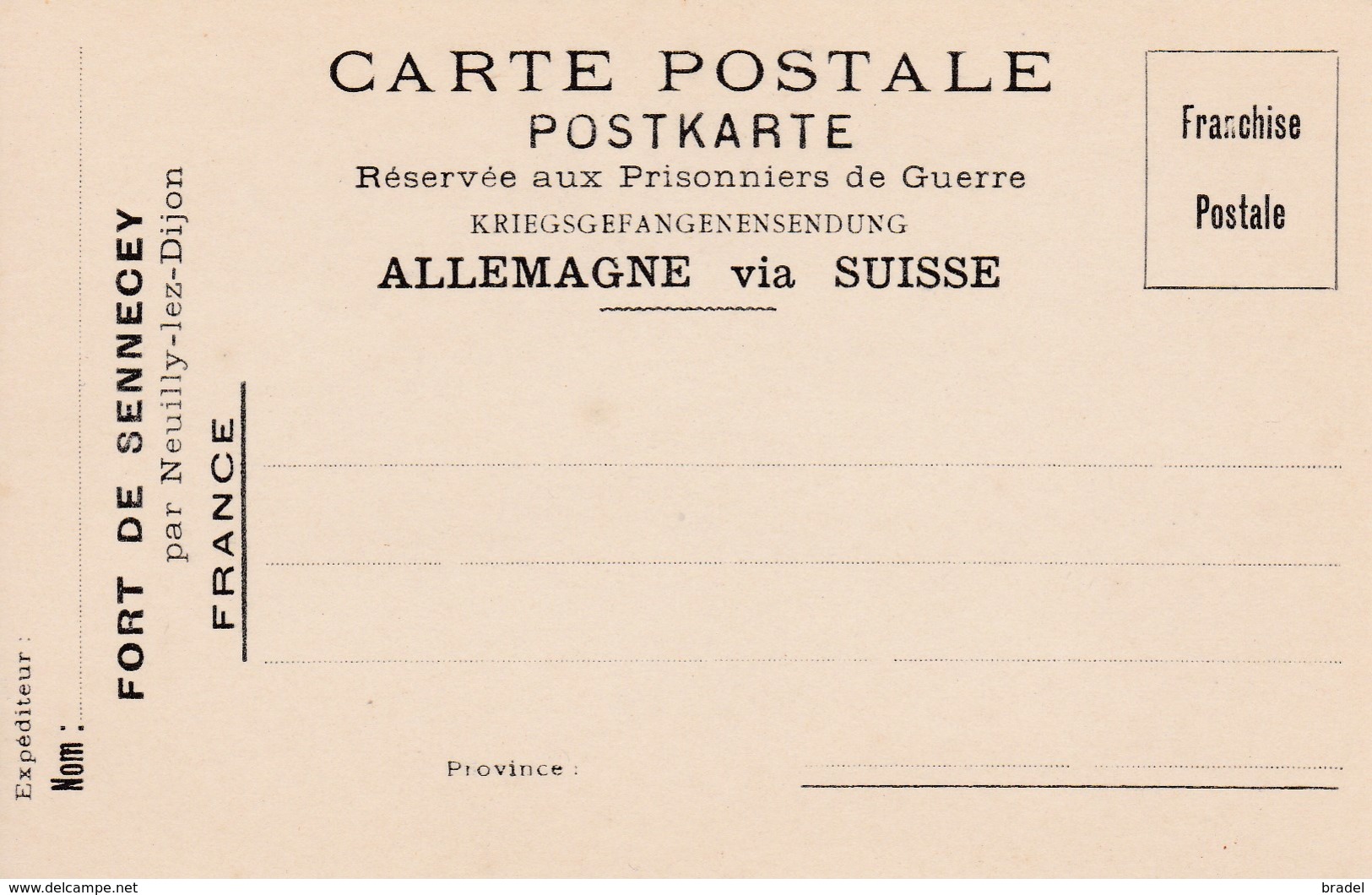 Carte Franchise Prisonniers De Guerre Kriegsgefangenensendung Fort De Sennecey Dijon - Lettres & Documents