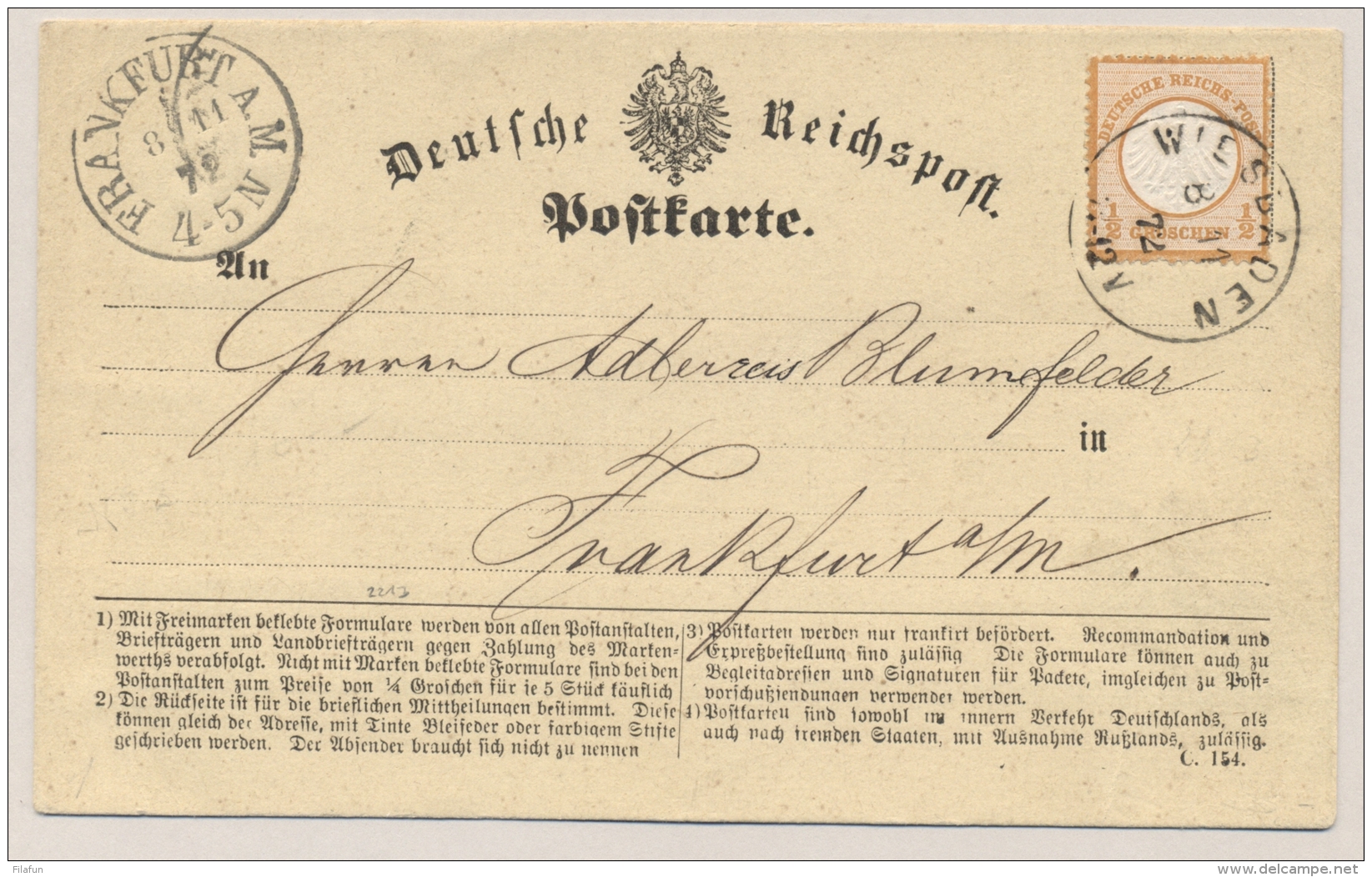 Deutsches Reich - 1872 - 1/2 Groschen Mi 3 On Postcard From Wiesbaden To Frankfurt - Brieven En Documenten