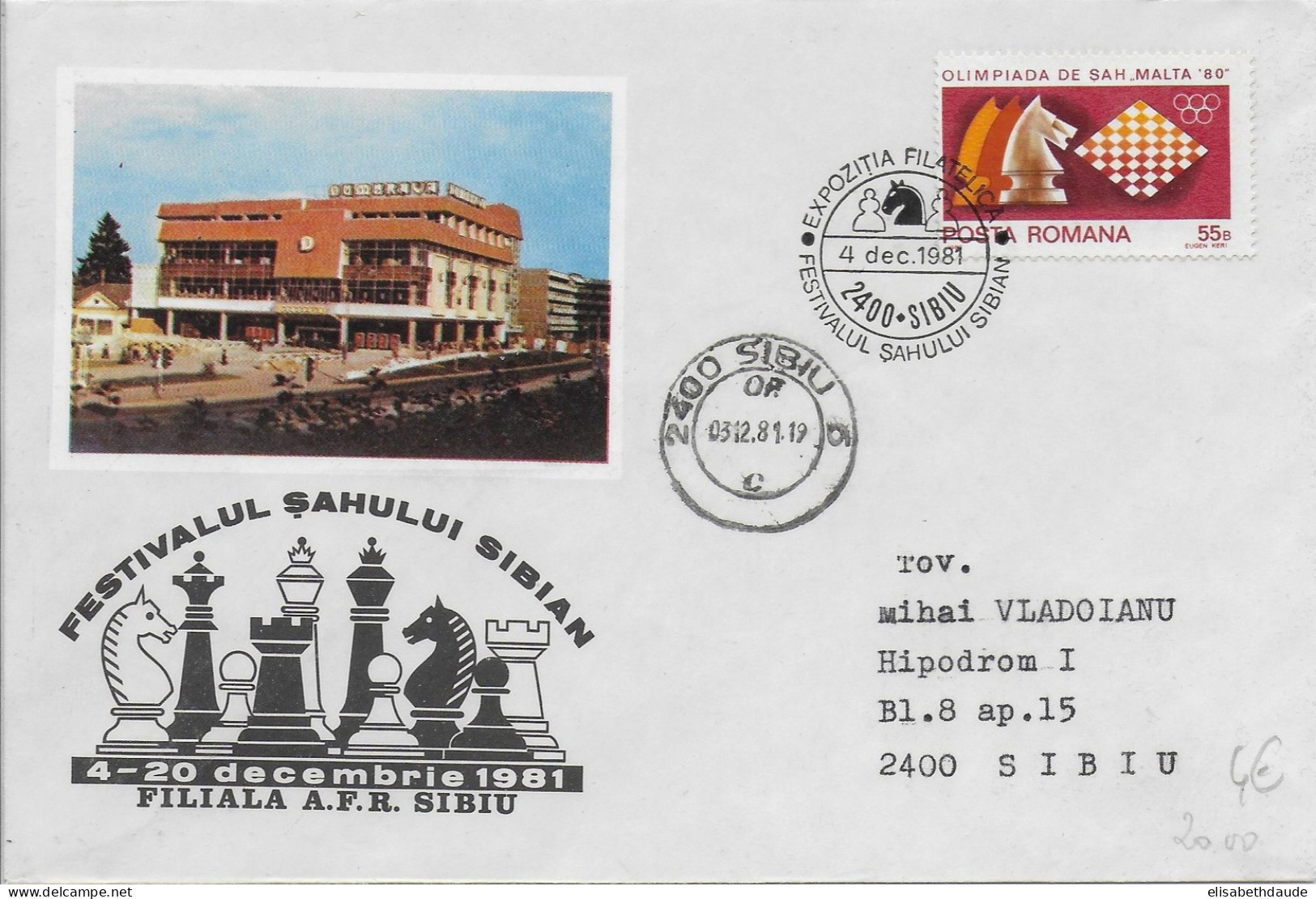 ROUMANIE - 1981 - OBLITERATION TEMPORAIRE (SONDERSTEMPEL) : ECHECS - ENVELOPPE De SIBIU - Chess