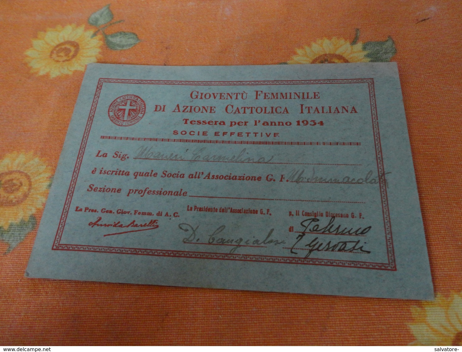 TESSERA GOIVENTU' FEMMINILE DI AZIONE CATTOLICA ITALIANA 1934 - Documentos Históricos