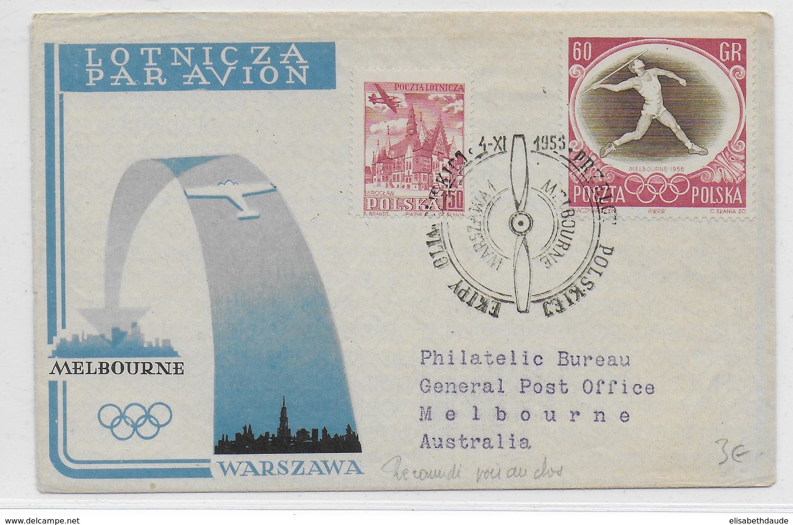 POLOGNE - 1955 - OBLITERATION ILLUSTREE (SONDERSTEMPEL) AVIATION - ENVELOPPE VOL JEUX OLYMPIQUES VARSOVIE => MELBOURNE - Machines à Affranchir (EMA)