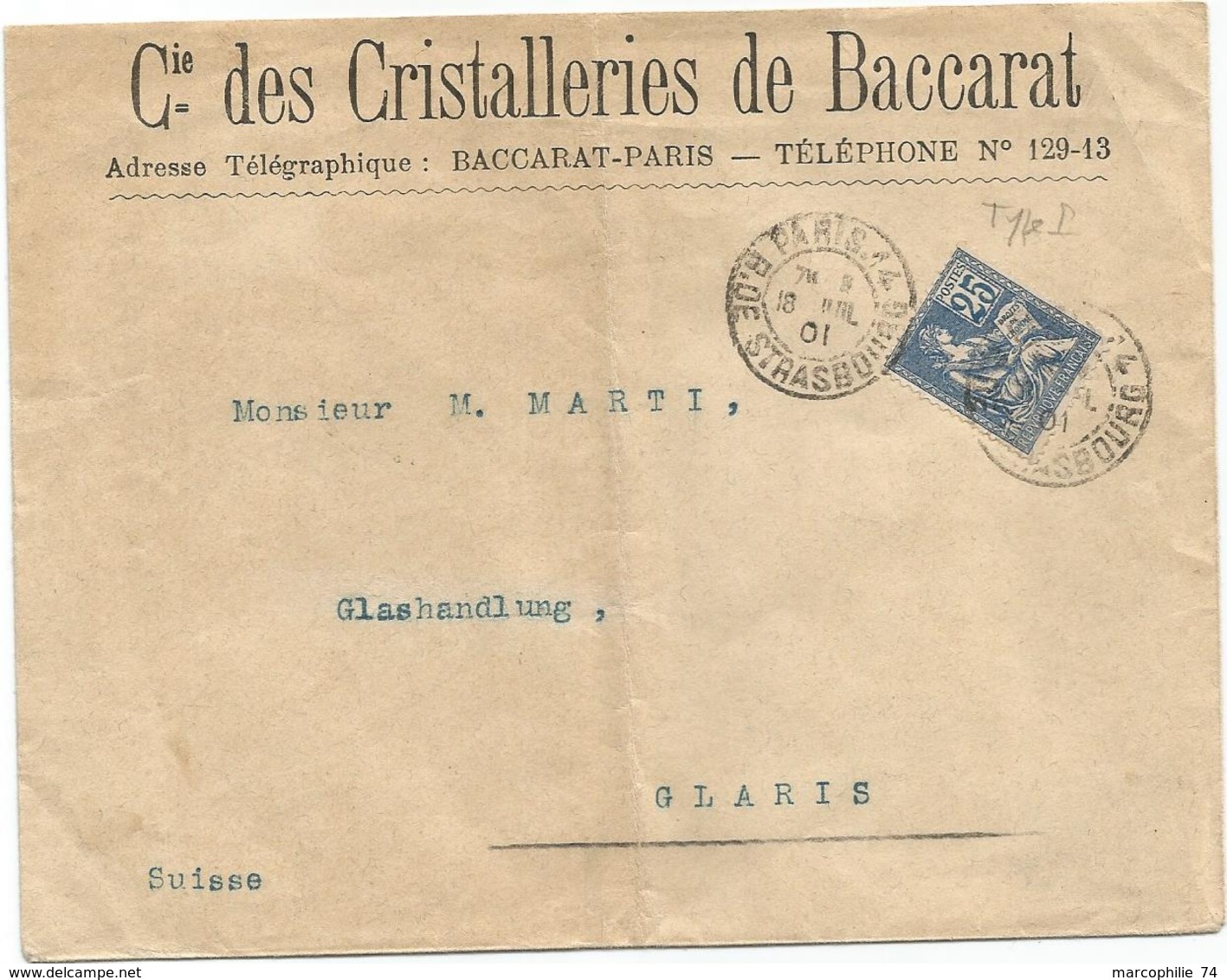 MOUCHON 25C N°118 SEUL LETTRE ENTETE CIE DES CHRISTALLERIES DE BACCARAT OBL PARIS 1901 POUR SUISSE - 1877-1920: Semi Modern Period