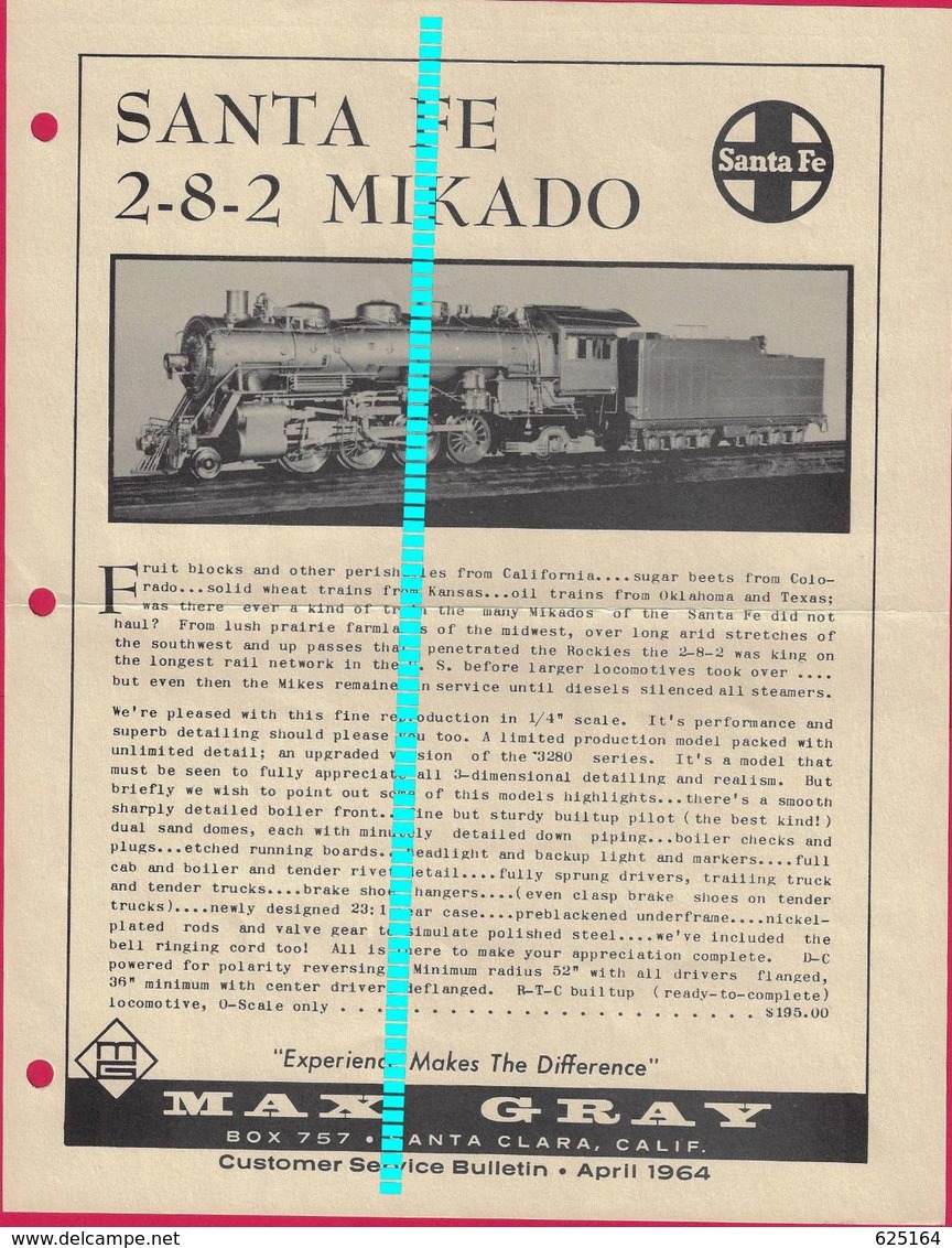 Catalogue MAX GRAY 1964 Apr Supplement Sheet SANTA FE 2-8-2 MIKADO O Scale - Customer Service Bulletin - English