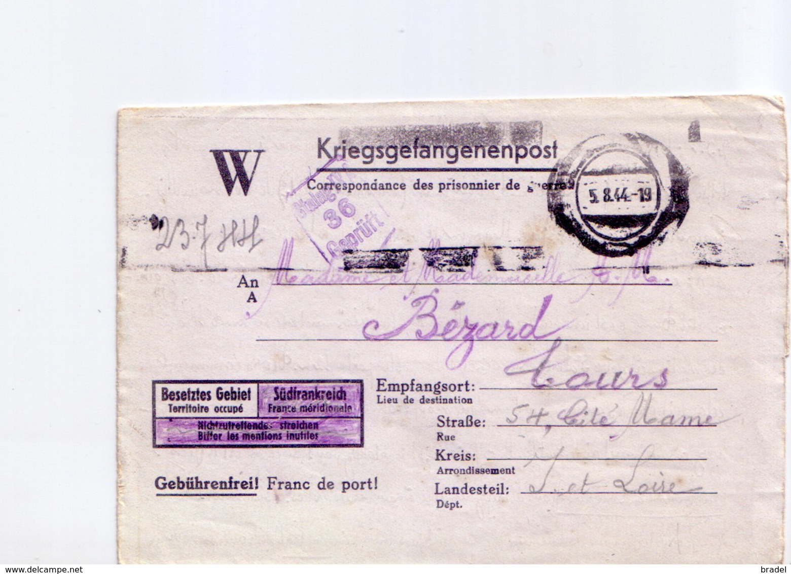 Cartes Lettre De Prisonniers Stammlager IV  Hohnstein Pour Tours 1944 - Guerre De 1939-45