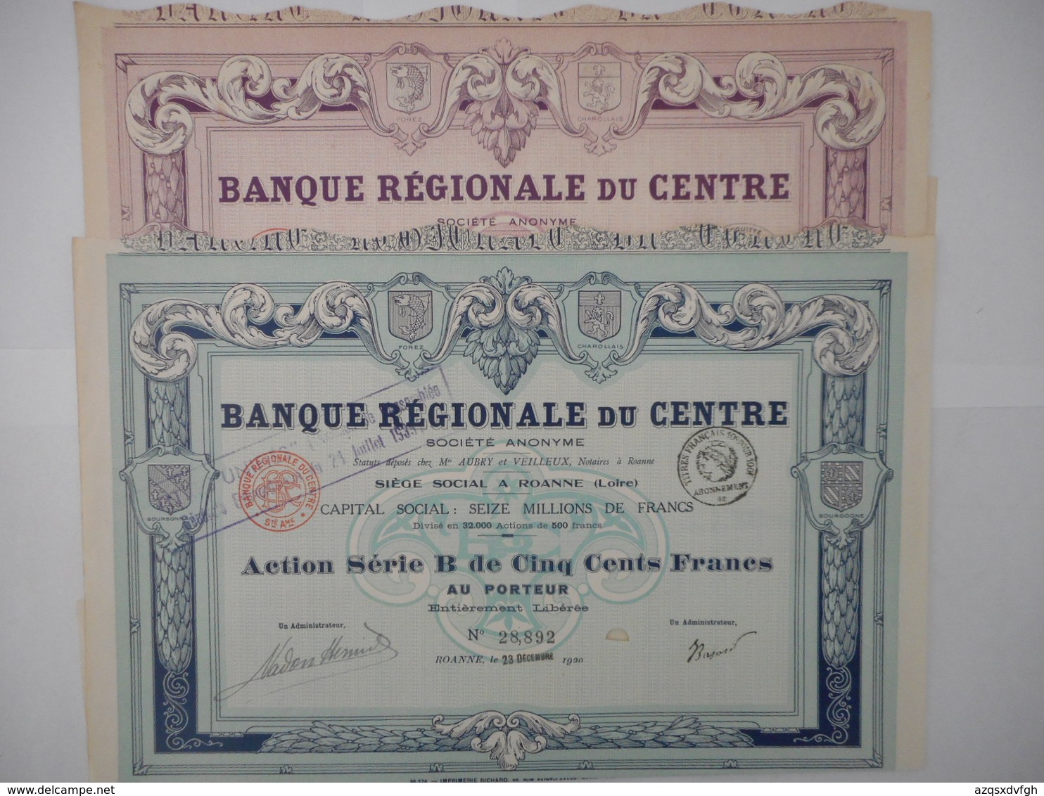 LOT De 2 Banque REGIONALE Du CENTRE  1920 1942 ROANNE LOIRE - Banque & Assurance