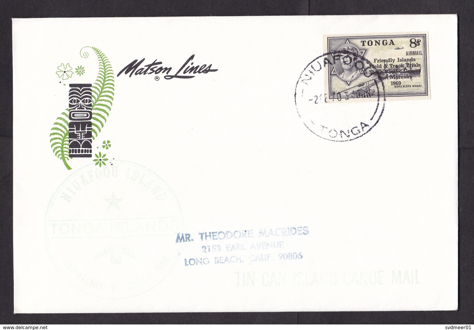 Tonga: Cover To USA, 1970, 1 Imperforated Stamp, Ship, Overprint, Tin Can Canoe Mail, Matson Lines (traces Of Use) - Tonga (1970-...)