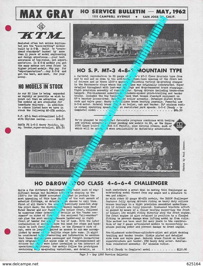 Catalogue MAX GRAY 1962 May Supplement Sheet KTM HO Models SP & D&RGW 3700 - Customer Service Bulletin - Anglais