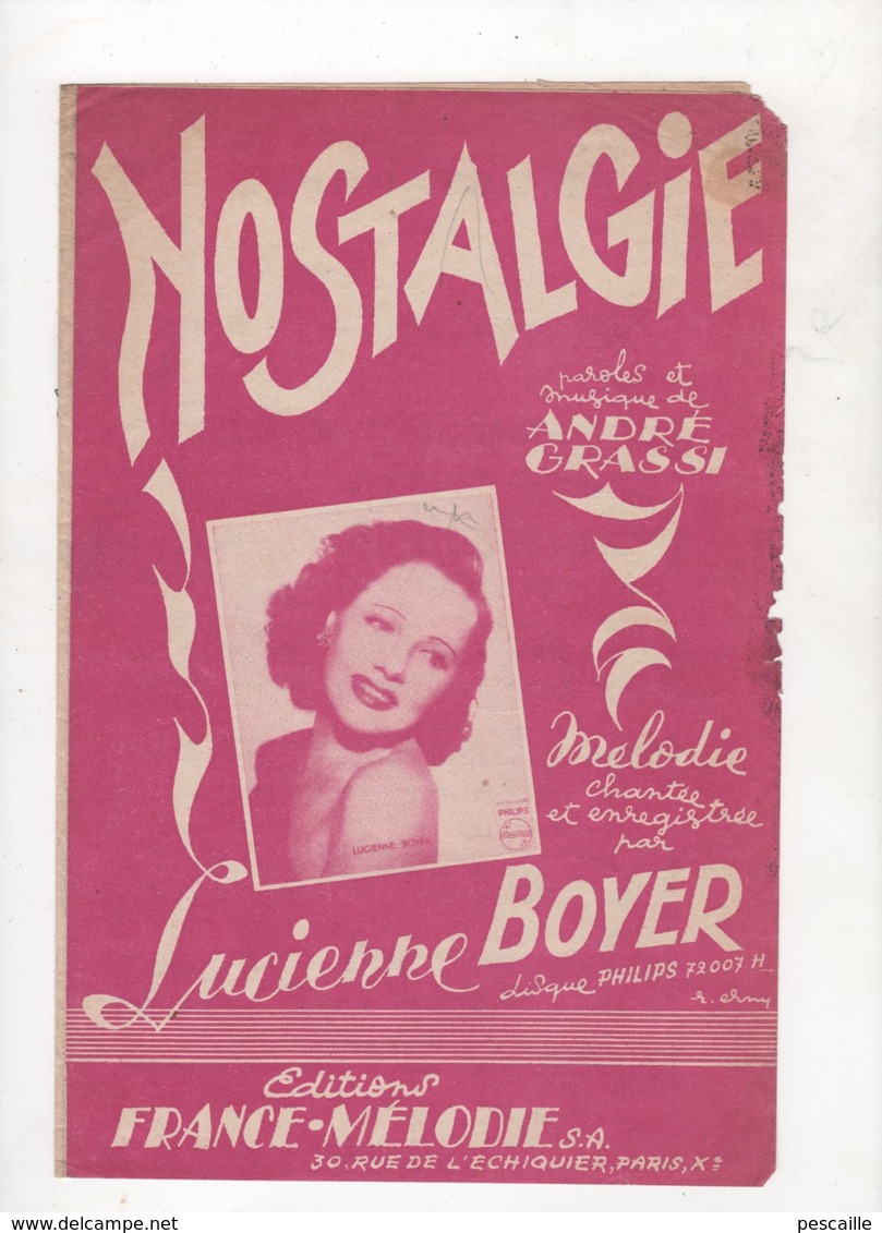 PARTITION ET PAROLES NOSTALGIE - LUCIENNE BOYER - PAROLES ET MUSIQUE ANDRE GRASSI - 1951 - Partituras