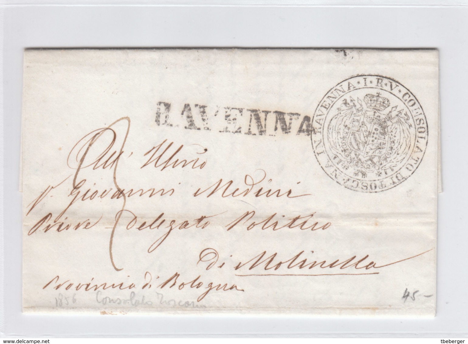 Italy Italia Toscana Tuscany 1856 Official Letter CONSOLATO DI TOSCANA In RAVENNA To Molinella BOLOGNA (q207) - Toscana