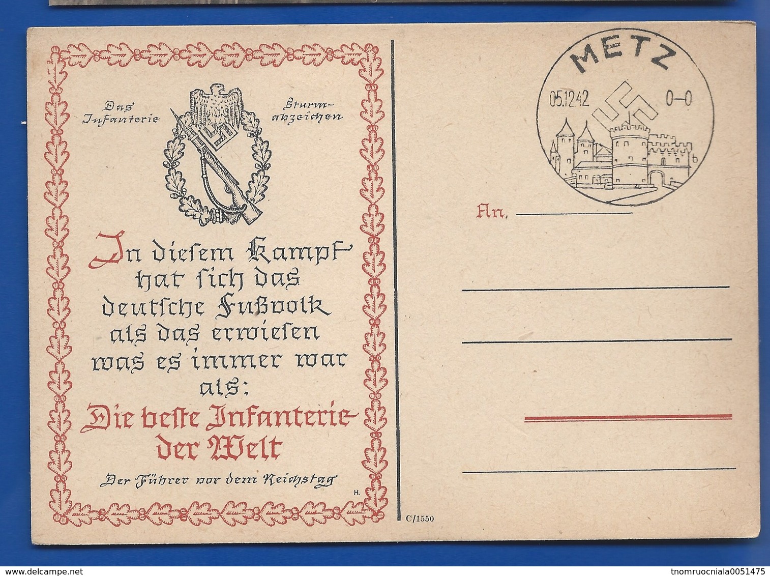 Carte Oblitération METZ 05/12/1942     Die Befte Infanterie - 1939-45