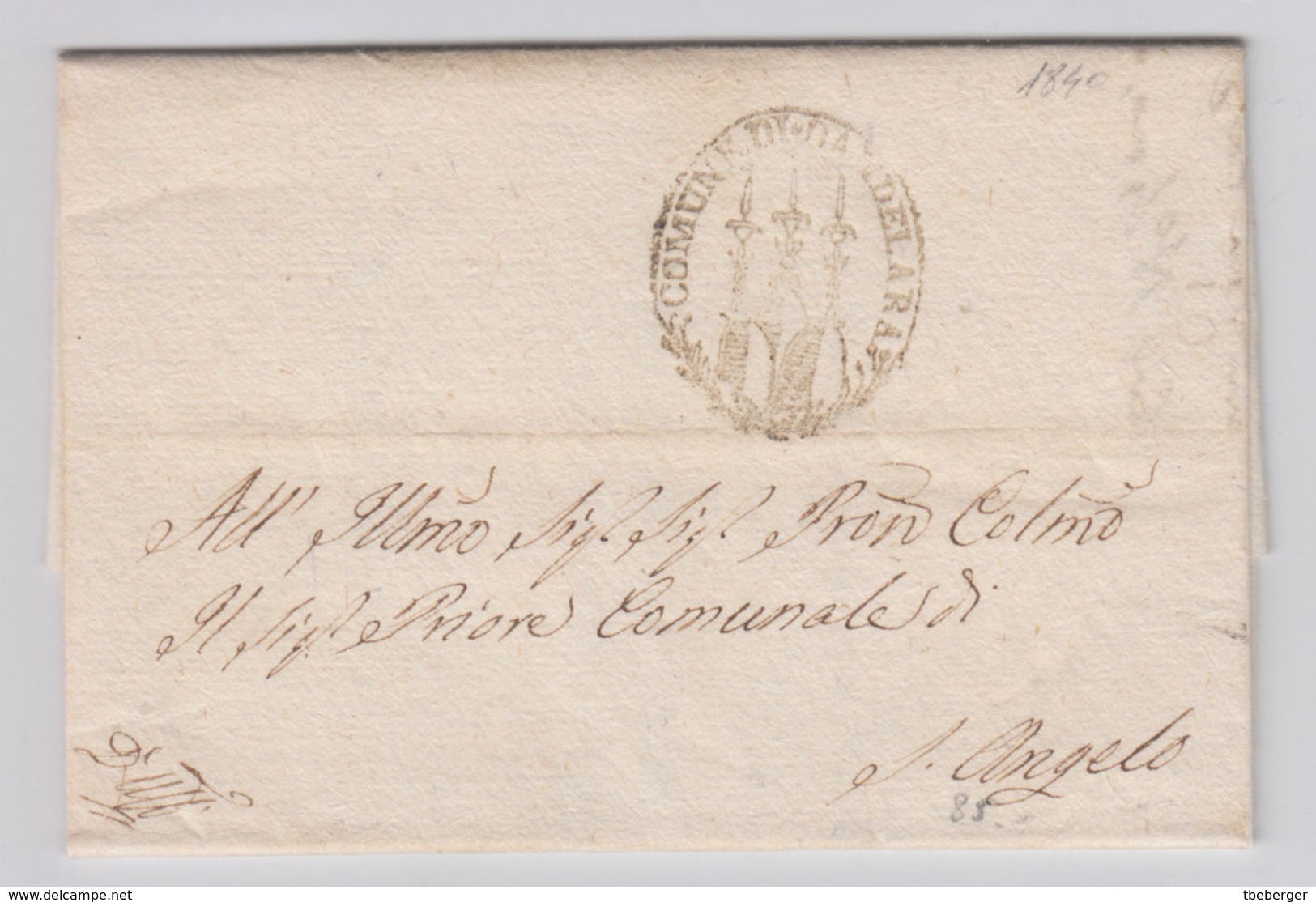 Italy Italia Papal States Stato Pontifico Official Cover 1840 COMMUNE Di CANDELARA To S. Angelo (q209) - 1. ...-1850 Prefilatelia