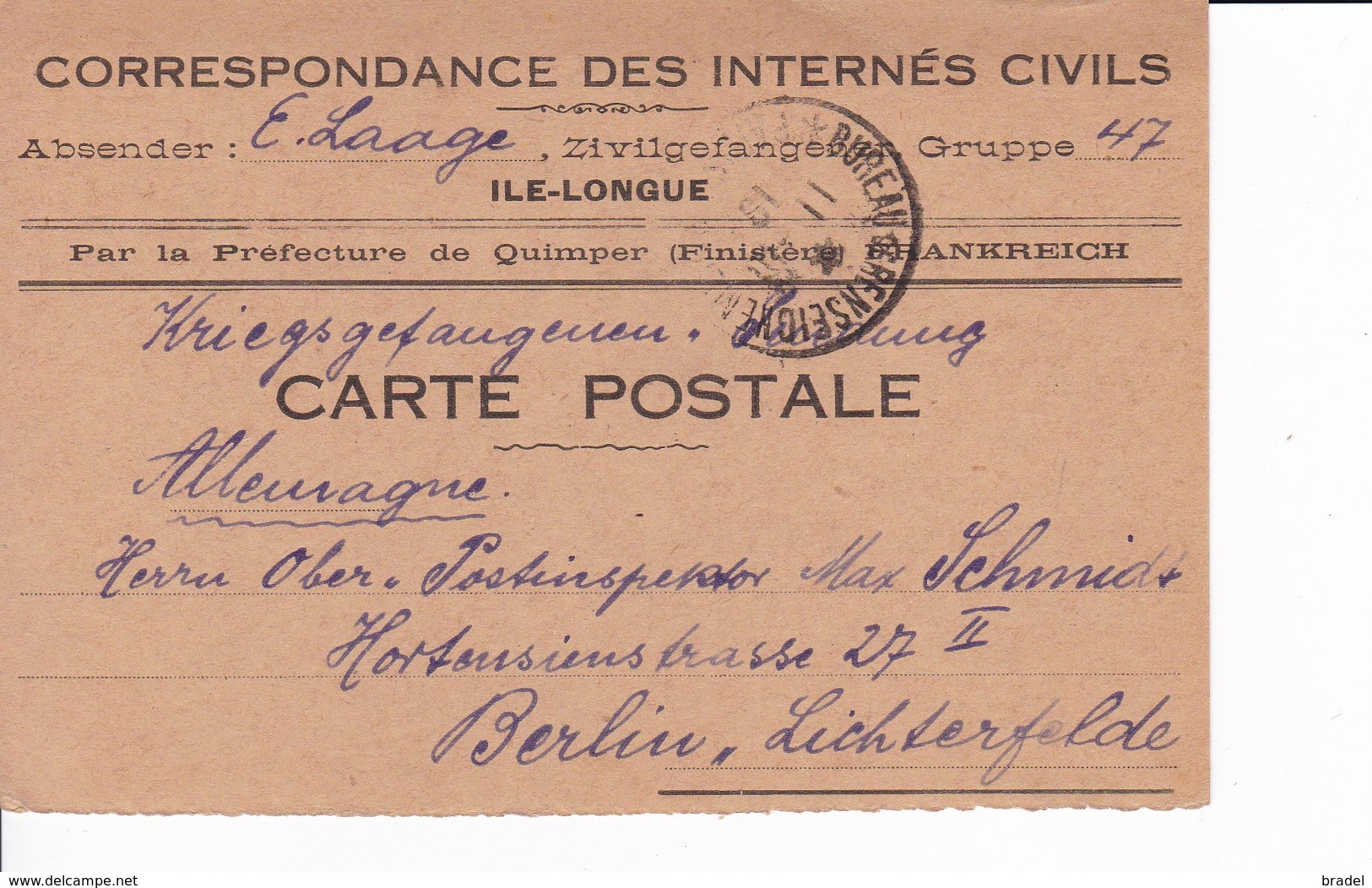 Carte De Franchise Correspondance Des Internés Civils Ile Longue Par Préfecture Quimper - Lettres & Documents