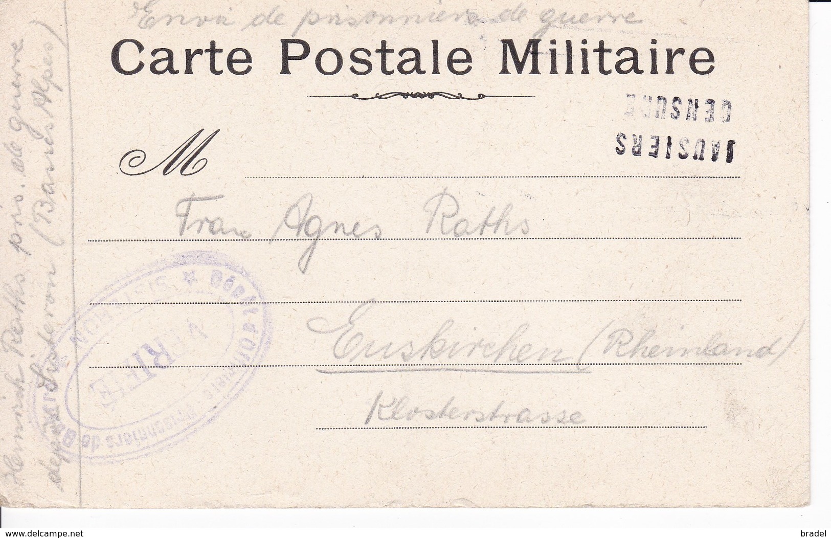 Carte De Franchise Correspondance Prisonnier Allemand Avec  Censures De  Jausier Et Sisteron Pour Euskirchen - Lettres & Documents