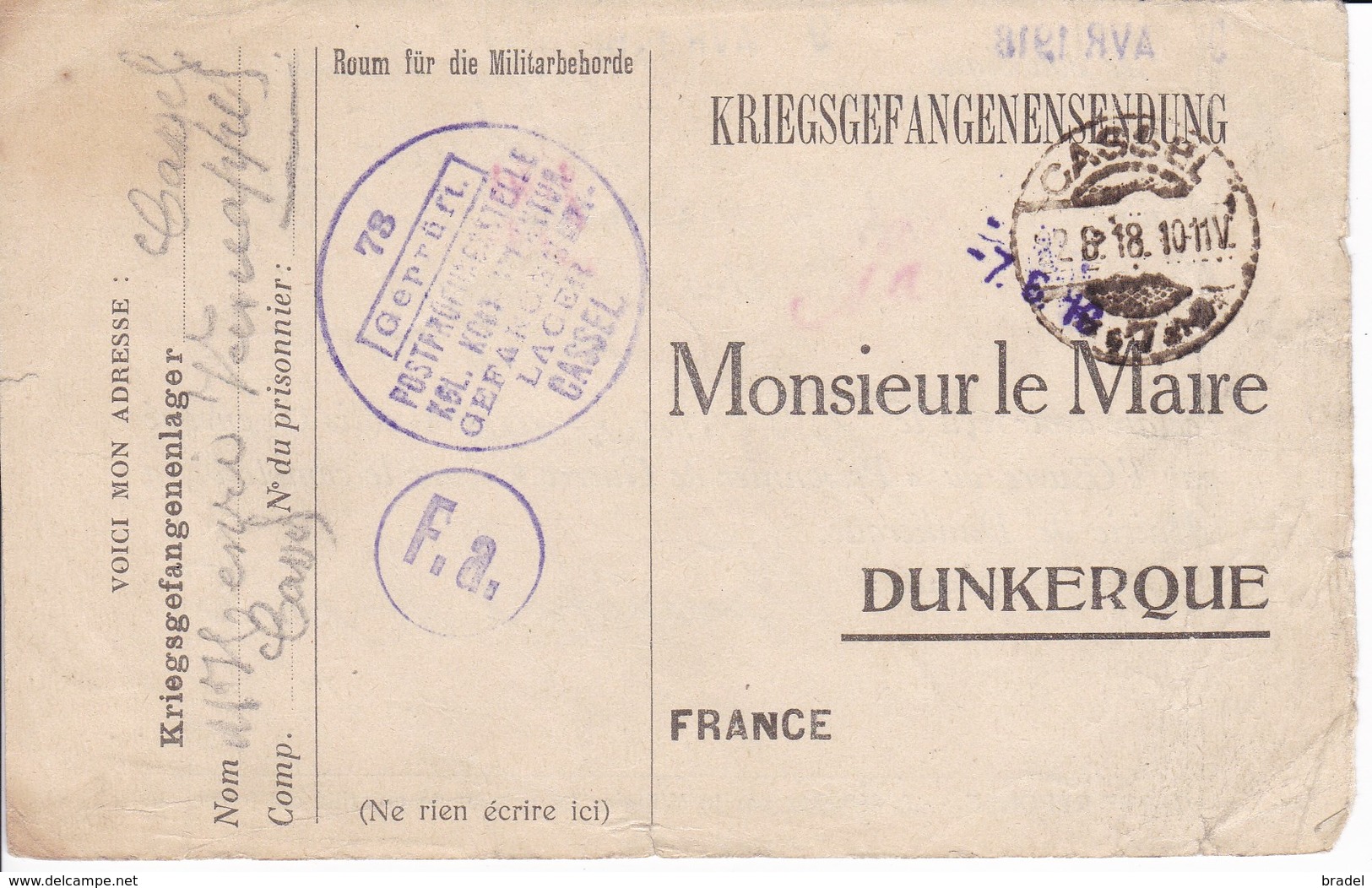 Carte De Franchise Kriegsgefangenensendung Accusé Réception Colis Mairie Dunkerque - Lettres & Documents