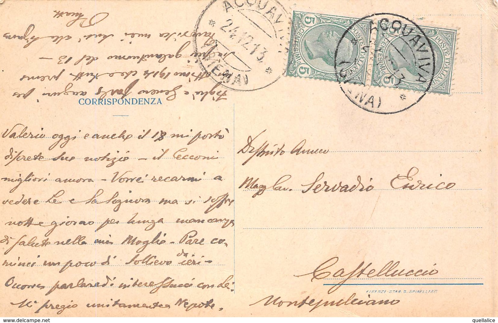 0362 "CARTOLINA RICORDO ACQUAVIVA - LUGLIO 1908" CART SPED 1913 COMMEMORATIVA - Autres & Non Classés