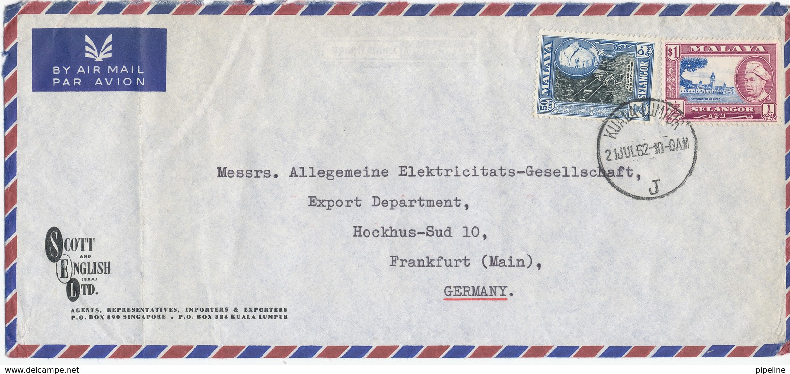 Malaya Air Mail Cover Sent To Germany Kuala Lumpur 21-7-1962 (the Cover Is Bended) - Malaya (British Military Administration)