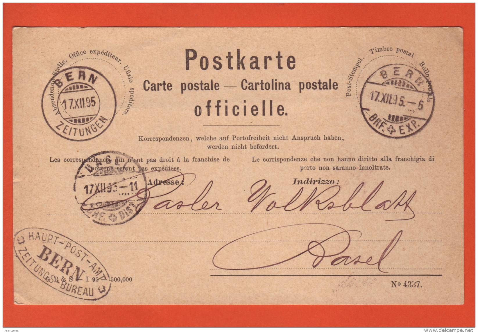 Carte Postale Officielle  Obl. Bern Zeitungen 20.07.1892-&gt; Basel - Stempel Bern Haupt-Post-Amt + Zeitungs-Bureau+ - Interi Postali