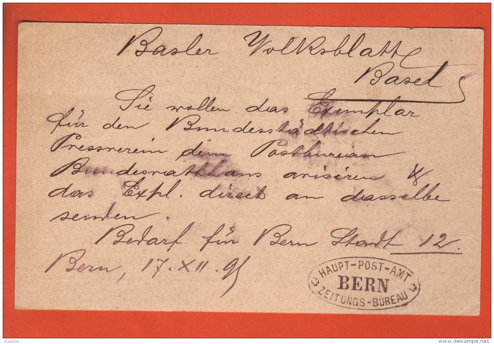 Carte Postale Officielle  Obl. Bern Zeitungen 20.07.1892-&gt; Basel - Stempel Bern Haupt-Post-Amt + Zeitungs-Bureau+ - Interi Postali