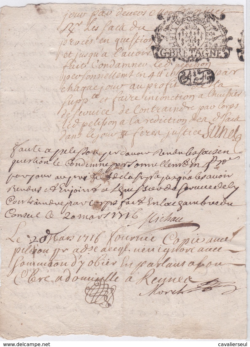 GENERALITE De BRETAGNE  8 DEN. - RENNES  20 MARS1716 - 1/2 Feuille - Cachets Généralité