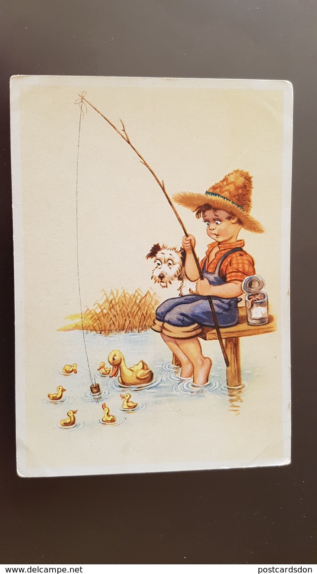 DDR Postcard - Humour - Little Boy Fishing - Fisher - Dog Chien - Lungers Hausen - Hausen, Lungers