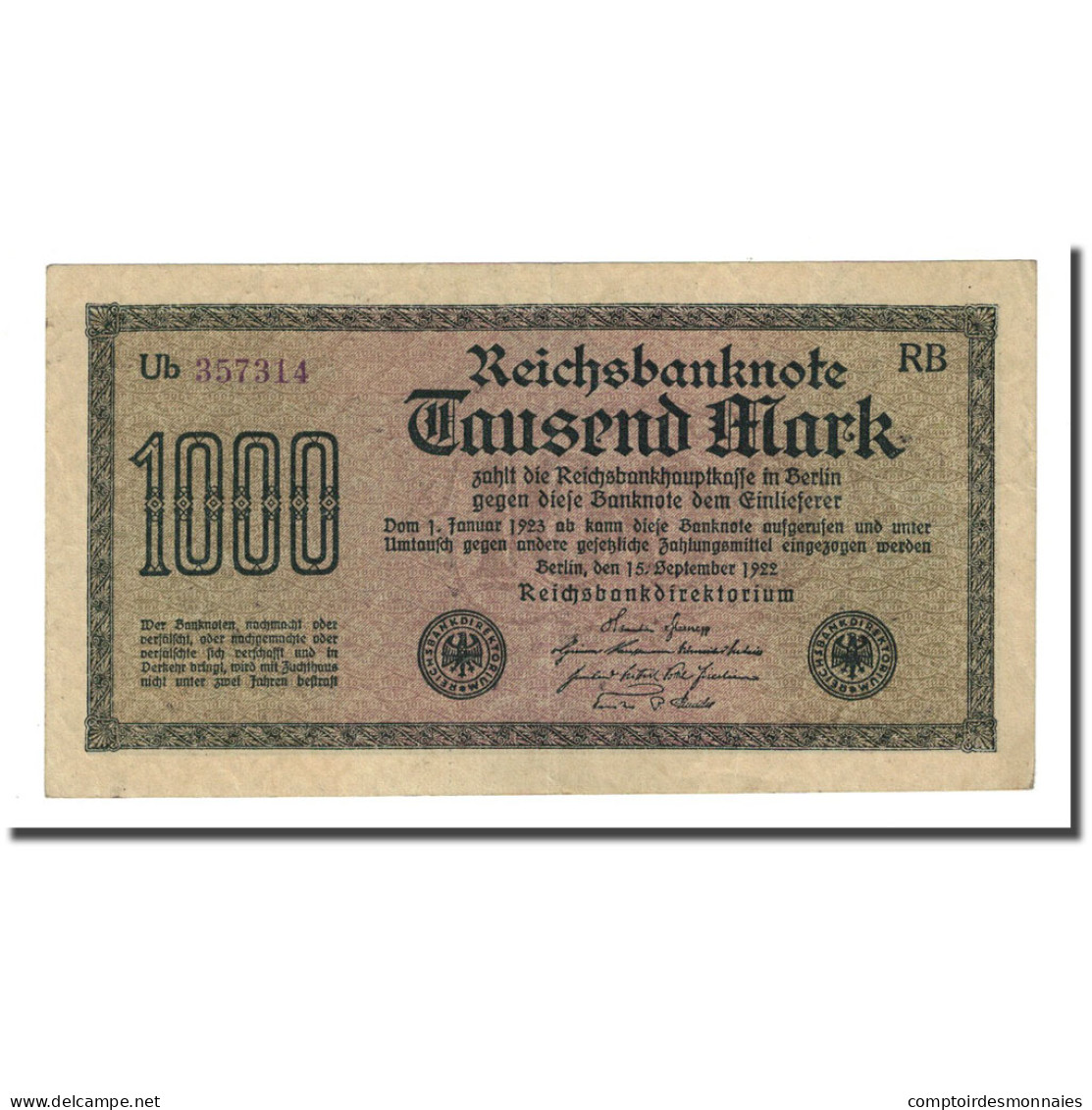 Billet, Allemagne, 1000 Mark, 1922-09-15, KM:76d, SUP - 1.000 Mark