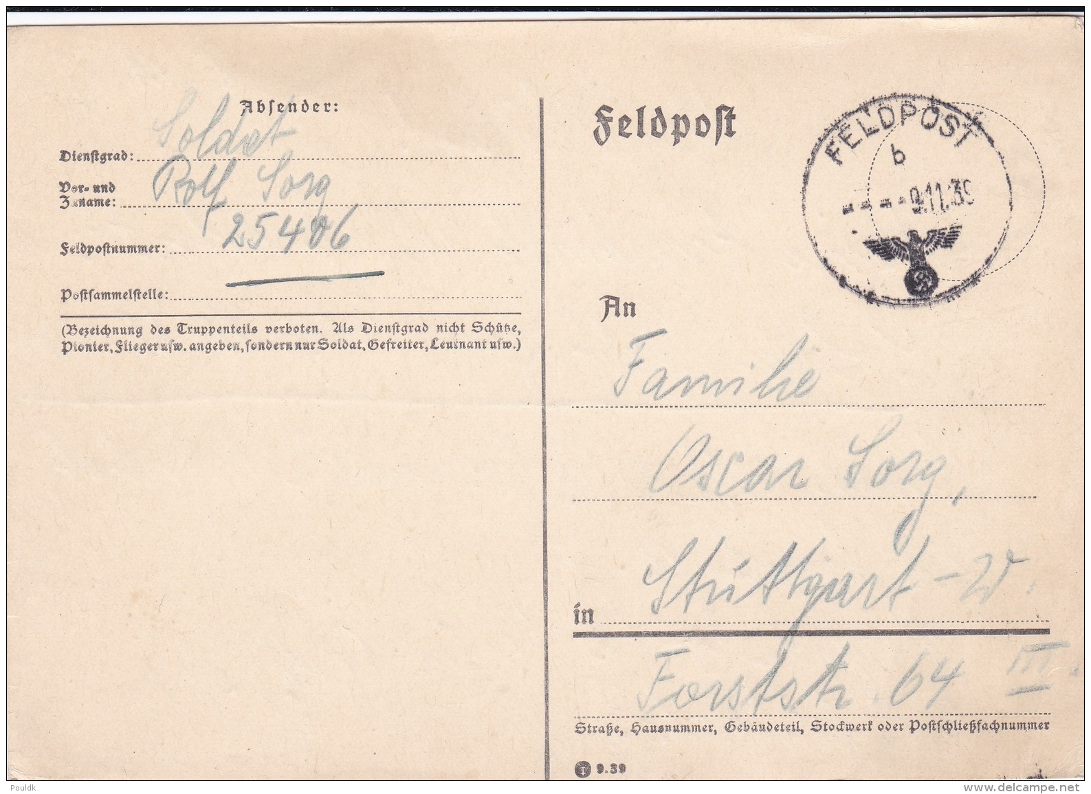 German Feldpost WW2: Plain Postcard From 4. Kompanie Infanterie-Regiment 14 FP 25406 P/m 9.11.1939 - Address Change (G92 - Militares