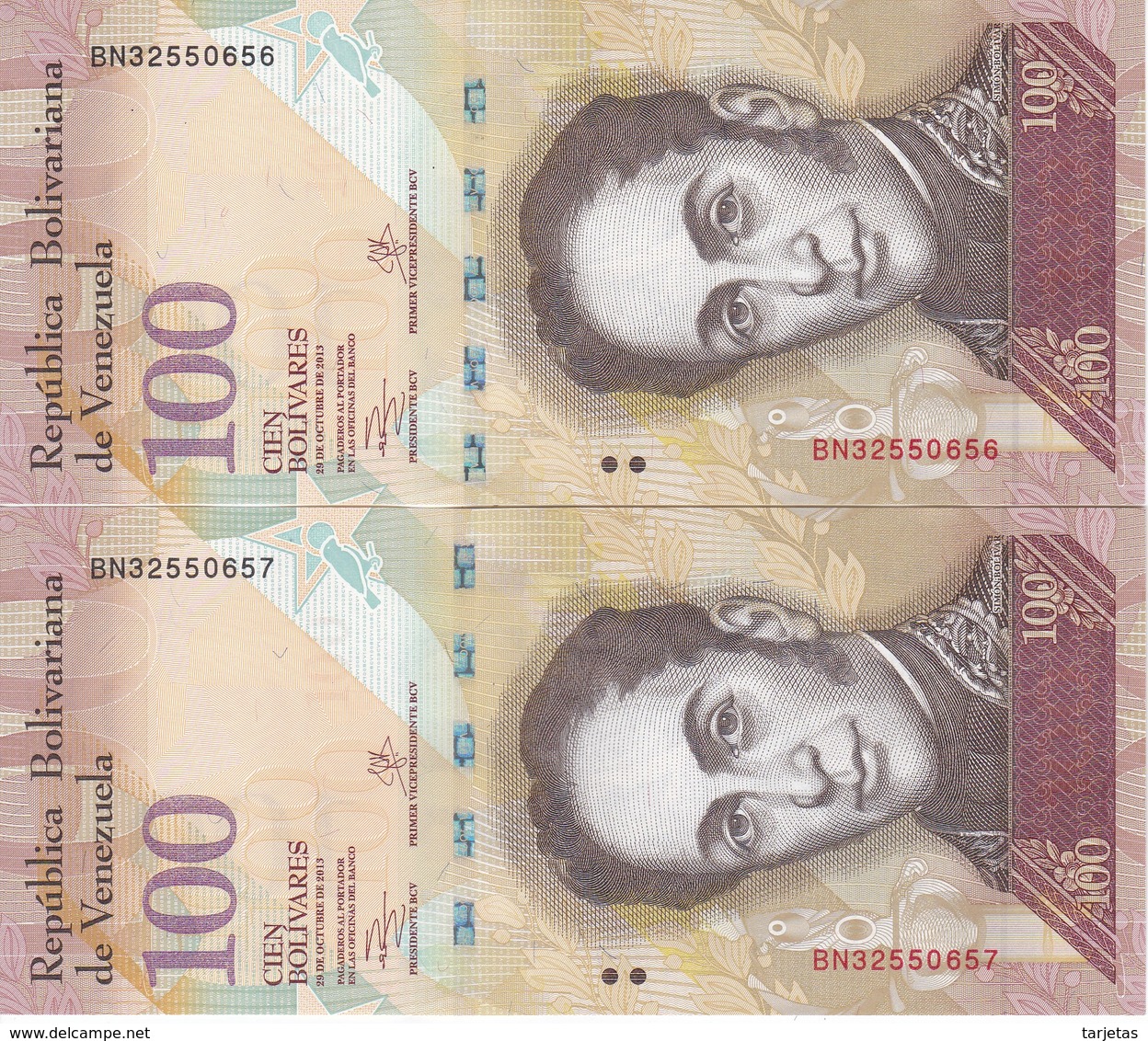 PAREJA CORRELATIVA DE VENEZUELA DE 100 BOLIVARES 29 DE OCTUBRE DEL 2013 SIN CIRCULAR-UNCIRCULATED  (BANK NOTE) PAJARO - Venezuela